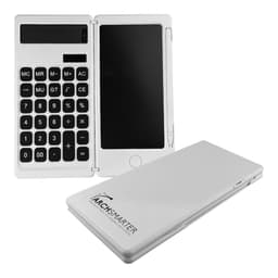 A white Note It Calculator with a flip cover, featuring a number pad and a display screen, along with a stylus.