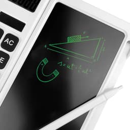 A white calculator with a black display featuring mathematical drawings and a stylus resting on it.