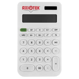 A white calculator with a digital display and numerous buttons, featuring a branding logo at the top.