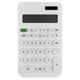 A white calculator featuring a large display and various function buttons, including basic arithmetic keys.