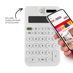 A white calculator with a display and buttons, alongside a smartphone displaying a webpage.