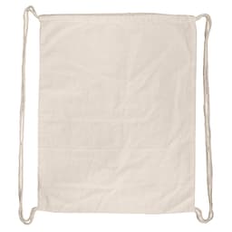 A cream-coloured drawstring bag with two corded straps and no visible branding.