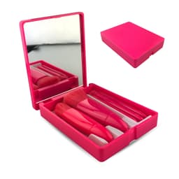 A pink plastic mirror box containing five brushes, featuring a compact design for easy storage and portability.