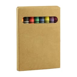 A set of coloured crayons arranged in a cardboard box with a cut-out window, featuring various vibrant colours.