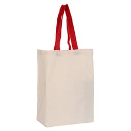 A calico trade show bag in natural colour with red handles, featuring a simple design and no visible branding.