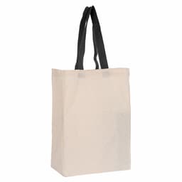 A calico trade show bag in natural colour with black handles and a simple design, featuring a logo.