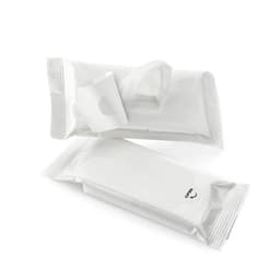 A pack of white anti-bacterial wet wipes, featuring an opening tab, with an additional unopened pack beside it.
