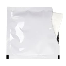 A single white wet wipe partially out of a plain silver packet with black accents.