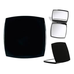 A compact mirror in a sleek black design, featuring a dual-sided reflective surface and a branded logo.