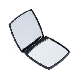 A compact mirror in a sleek black case, featuring two reflective surfaces inside.