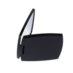 A compact mirror in sleek black, featuring a reflective interior and a glossy exterior. It also has a logo on the surface.