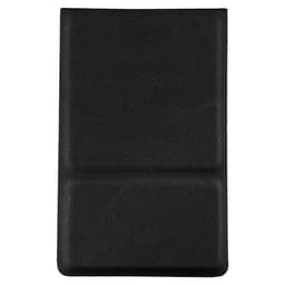 A compact mirror in a sleek black case featuring a textured surface and a branding logo.