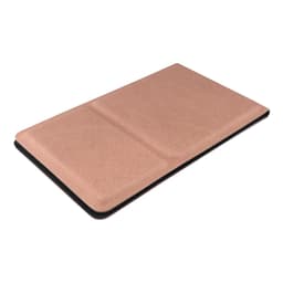 A compact mirror in a rose gold finish with a textured surface and rounded edges. It has a logo on the back.