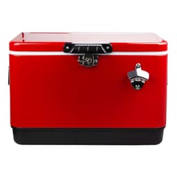 A red metal ice cooler box with a black base and silver latch, designed for outdoor use.