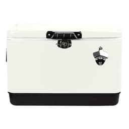 A white and black metal ice cooler box with a secure lid and a bottle opener attachment.