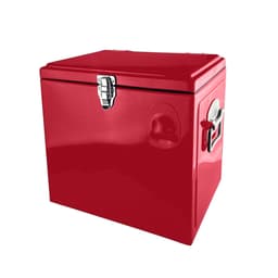 A red metal ice cooler box with a shiny finish, featuring a secure latch and a handle.