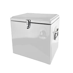 A white metal ice cooler box with a chrome latch and handle, featuring a logo on the side.