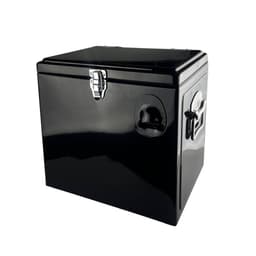 A black metal ice cooler box with chrome handles and clasps, designed for leisure and outdoor use.
