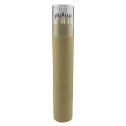 A cylindrical tube containing coloured pencils with a clear lid, showcasing various colours arranged neatly inside.