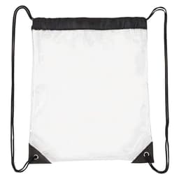 A clear drawstring backpack with black accents and corners, featuring adjustable straps and a simple design.