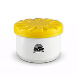 A white air freshener container with a yellow lid, featuring a logo on the front. 