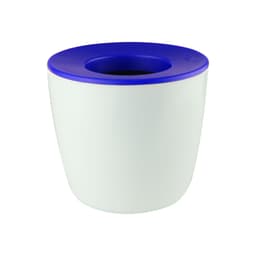 A mini desk plant pot in white with a blue rim, featuring a branding logo. Perfect for home or office decor.