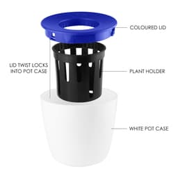 A white pot case with a black plant holder and a blue lid, designed for a mini desk plant pot.