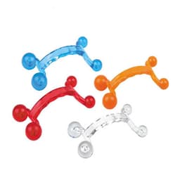 A set of four massagers in blue, red, orange, and clear colours, each shaped like a small dumbbell.