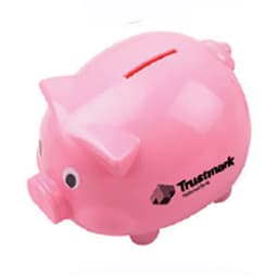 A pink pig-shaped coin bank with a slot for coins and a logo on the side.
