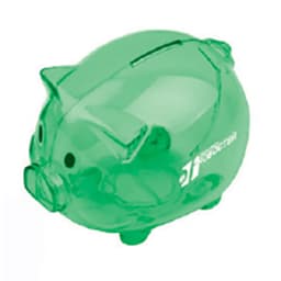 A transparent green pig-shaped coin bank with black eyes and a slot on top for coins.