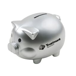 A silver pig-shaped coin bank with a slot for coins and a logo on the side.