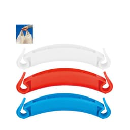 A set of three plastic Handy Handles in white, red, and blue, designed for easier carrying of bags.