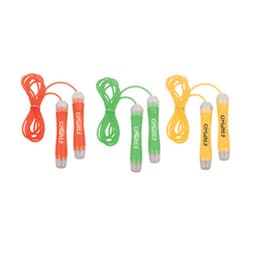 Two pairs of skipping ropes with bright orange and green handles and matching cords, featuring a logo on the handles.