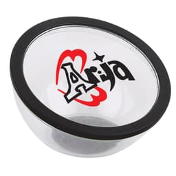A clear bowl with a black rim and a logo printed on the side.