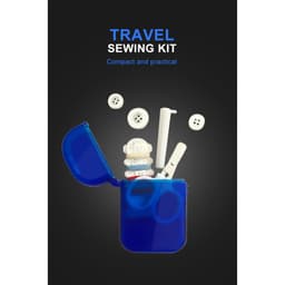 A blue travel sewing kit containing buttons, thread, a needle, and a thimble, all packaged in a compact case.