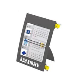 A grey wall calendar with yellow clips, displaying months and dates in a structured layout. Features a logo.