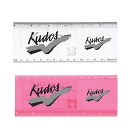 A pink and a transparent ruler featuring a logo, with measurement markings along the edges.