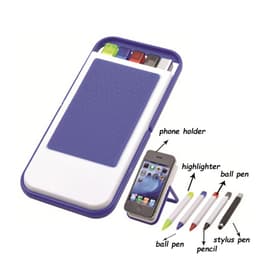 A mobile holder in purple and white, with a pen set including a highlighter, ball pen, pencil, and stylus.