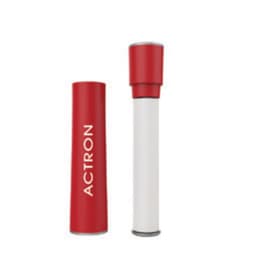 A red and white lint brush with a cylindrical design, featuring a logo on the red casing.