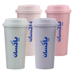 A set of four reusable coffee cups in pale green, lavender, light pink, and pastel pink, each with a logo.