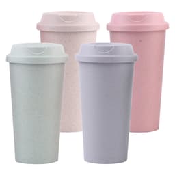 A set of four reusable bamboo coffee cups in soft pink, light purple, mint green, and pale beige, each with a matching lid.