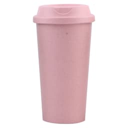 A reusable coffee cup in soft pink with a matching lid and a logo feature.