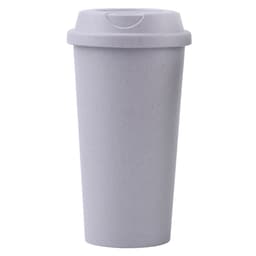 A reusable coffee cup in light grey with a fitted lid. It features a branding logo on the side.