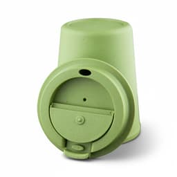 A drink bottle with a green eco-friendly design and a flip-top lid. It features a logo on its side.