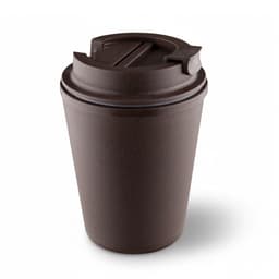 A drink bottle in a dark brown colour, featuring a cup design and a lid, with a branding logo present.