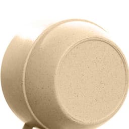 A reusable coffee cup in a light beige colour, featuring a smooth, rounded design and a logo on the side.