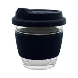 A reusable glass coffee cup with a black silicone sleeve and lid, featuring a clear glass body.
