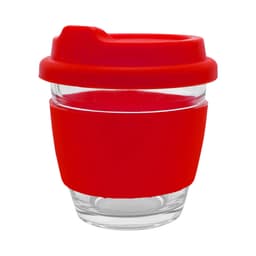 A reusable coffee cup with a clear glass body and a bright red silicone sleeve and lid. The cup features a logo.