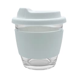 A reusable glass coffee cup in clear and light blue, featuring a silicone sleeve and a fitted lid.