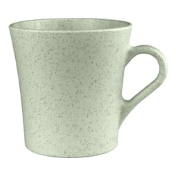 A drink cup in light green with a speckled finish, featuring a curved handle and a smooth surface.